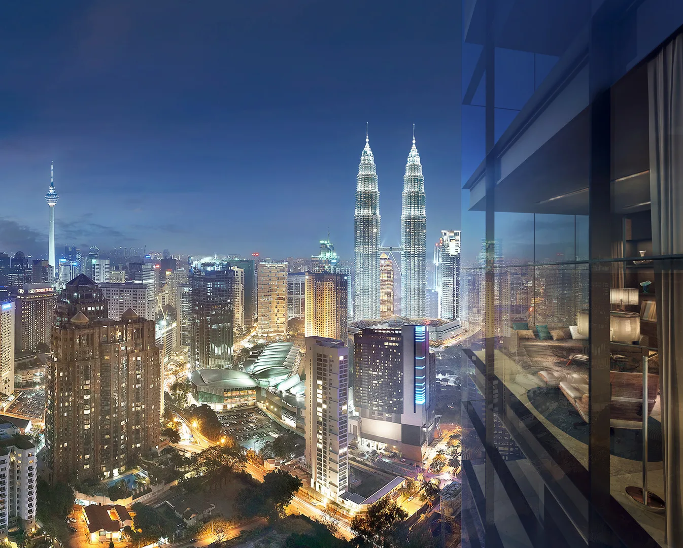 Eaton Residences @ 28 Jalan Kia Peng, Kuala Lumpur View of Kuala Lumpur city skyline at night, including the Petronas Twin Towers, from a high-rise building, with a glimpse of the interior of a unit. in KLCC, Leasehold property development, render