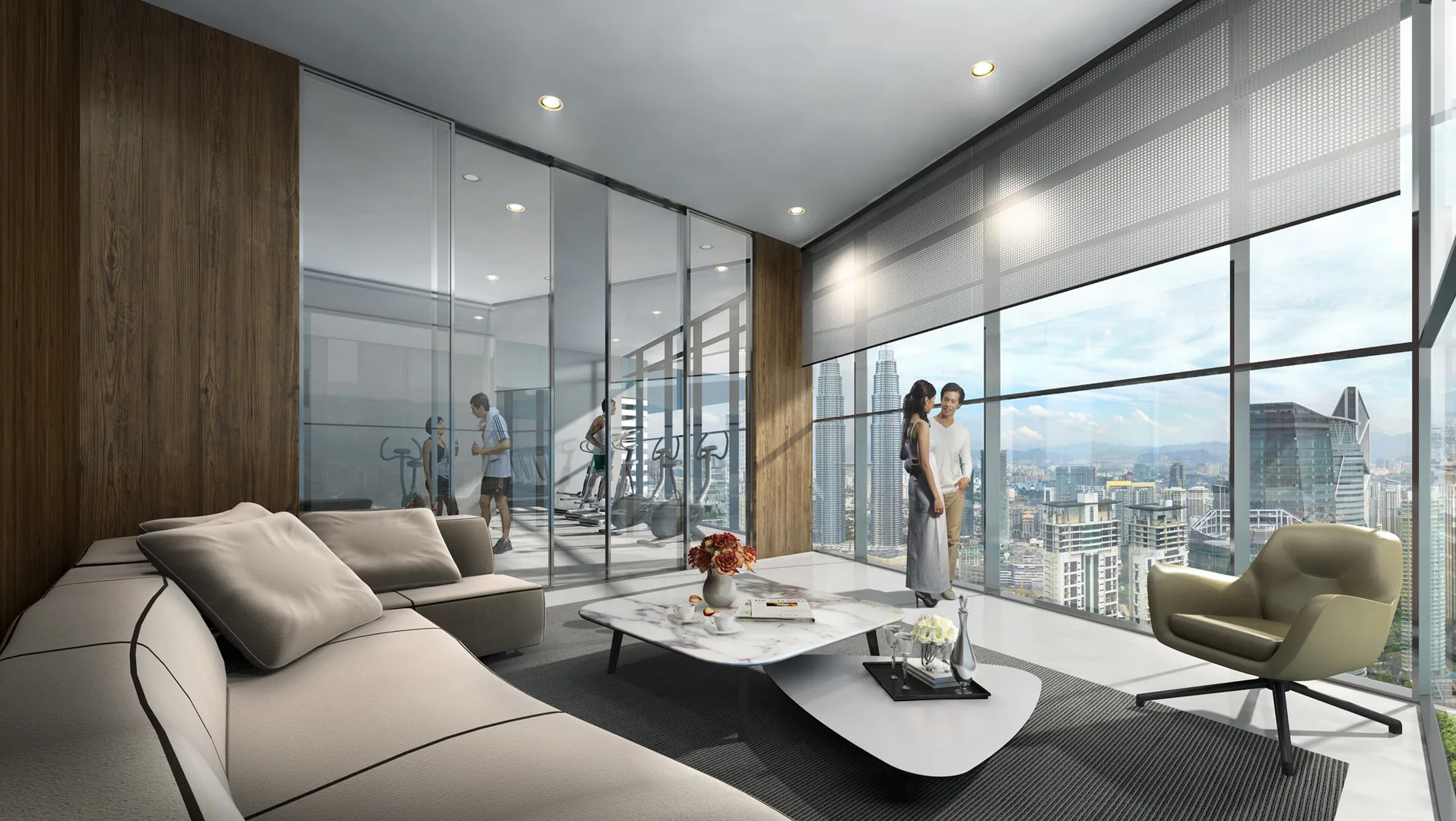 Eaton Residences @ 28 Jalan Kia Peng, Kuala Lumpur Living room with a view of KLCC and a gym visible through a glass wall. in KLCC, Leasehold property development, render
