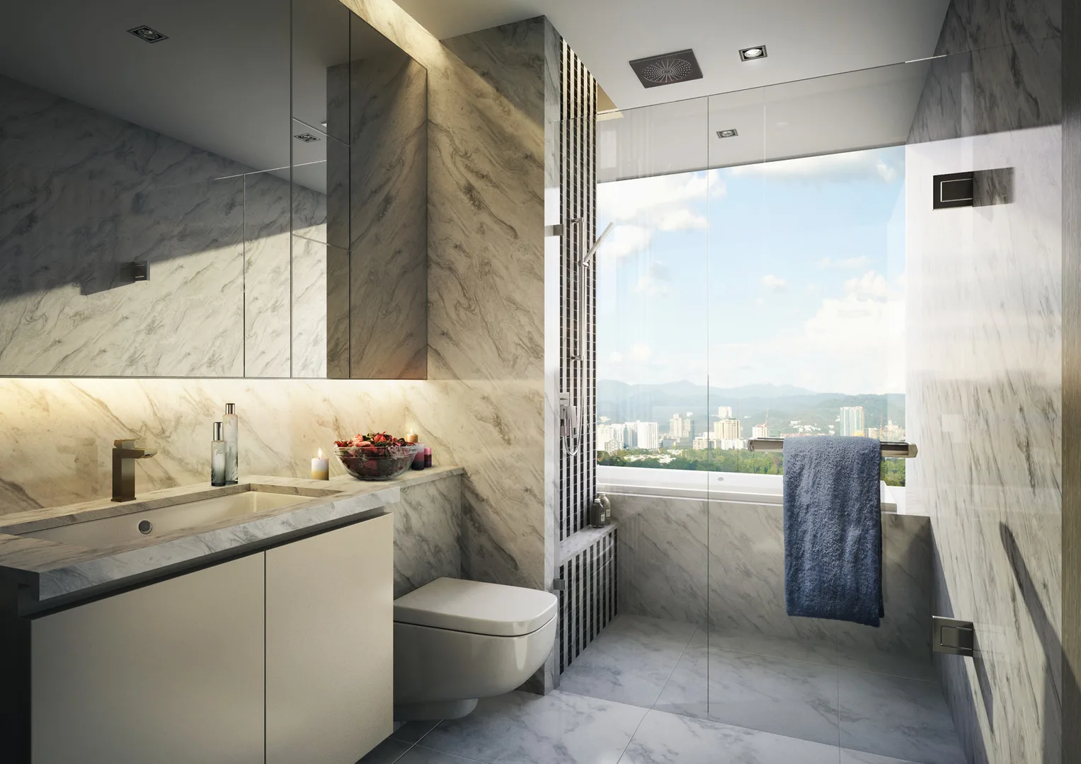 Eaton Residences @ 28 Jalan Kia Peng, Kuala Lumpur This image shows a modern bathroom with marble walls, a sink, toilet, and a large window with a city view. in KLCC, Leasehold property development, render