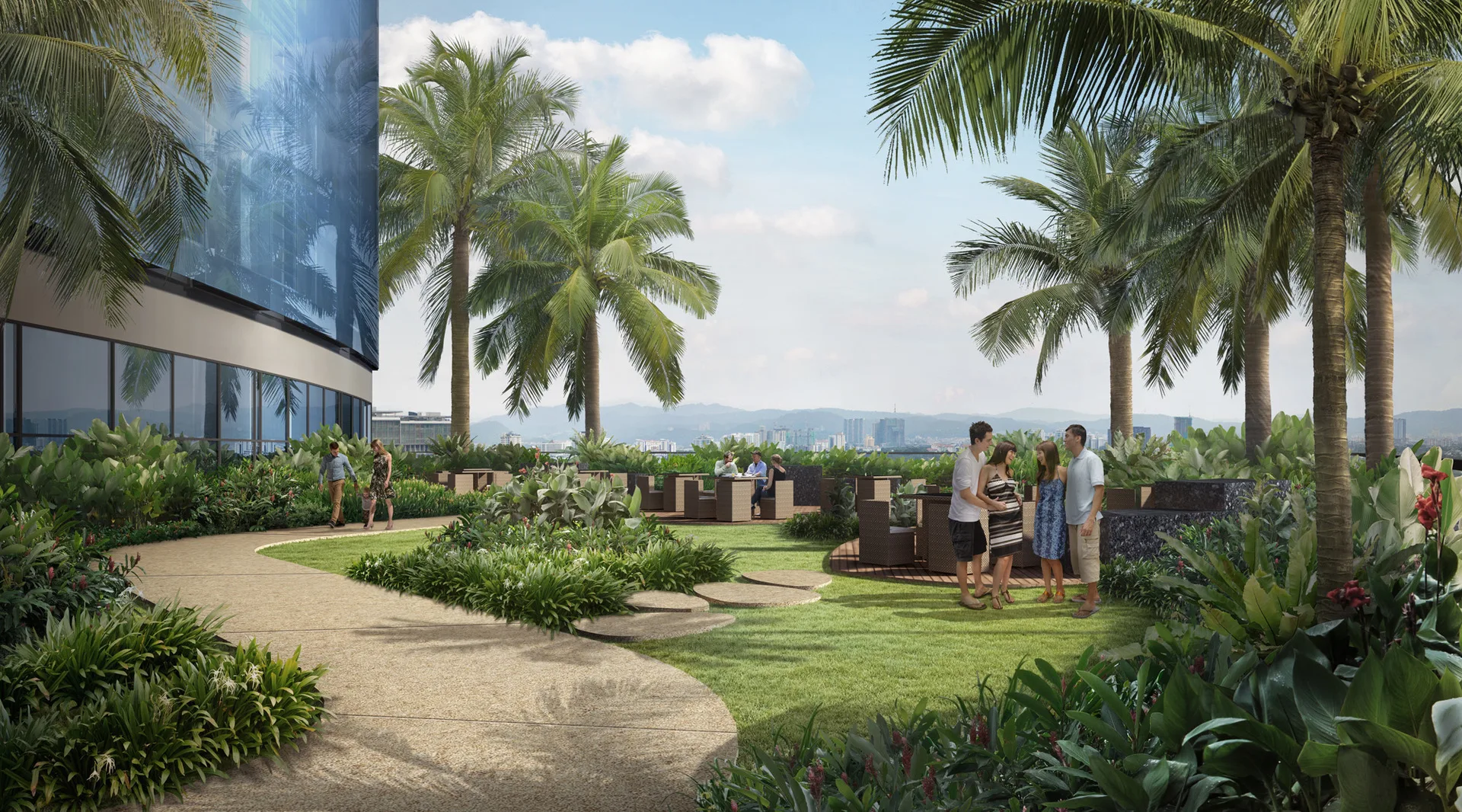 Eaton Residences @ 28 Jalan Kia Peng, Kuala Lumpur Image shows a rooftop garden with seating areas, lush greenery, palm trees, and a partial view of the building and the city skyline in the background. in KLCC, Leasehold property development, render