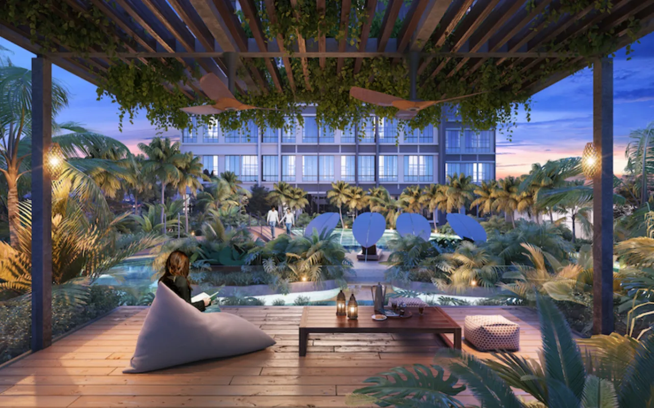 Gamuda Gardens Render of a covered outdoor lounge area with a view of the building exterior and pool area. in Rawang, Leasehold property development, render