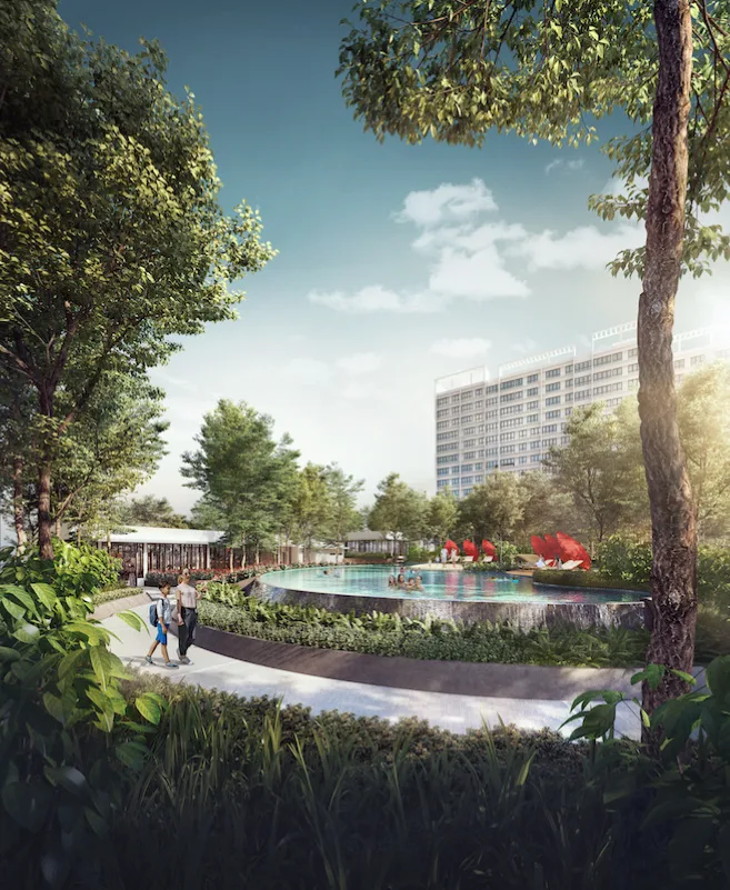 Gamuda Gardens Image shows the swimming pool and surrounding landscape with a building in the background. in Rawang, Leasehold property development, render