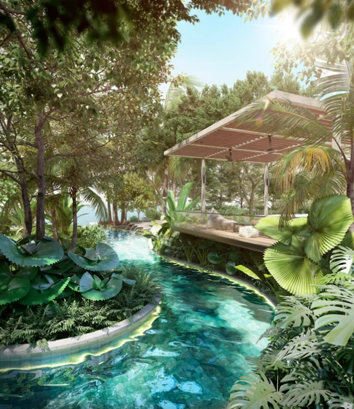 Gamuda Gardens A render of a waterway feature with lush greenery and a covered pavilion. in Rawang, Leasehold property development, render
