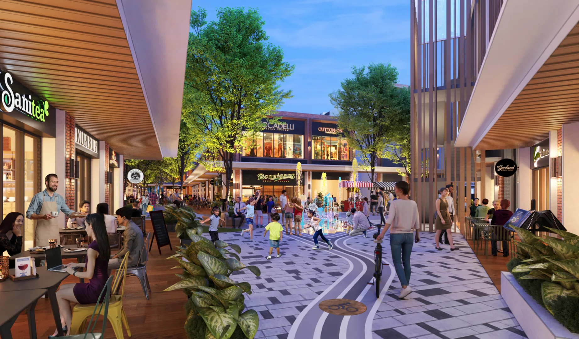 Gardens Square Shows a pedestrian area with shops and restaurants, people walking and dining outdoors. in Rawang, Leasehold property development, render