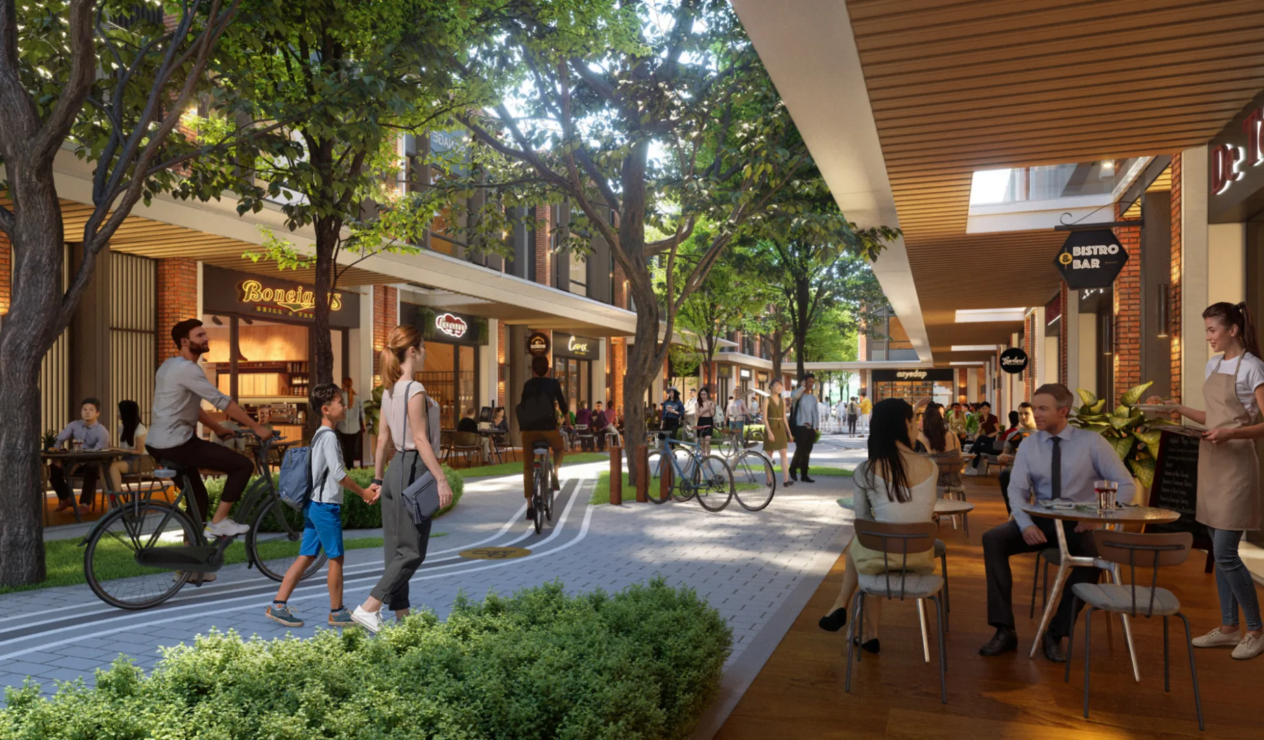 Gardens Square This image shows a pedestrian area with shops and restaurants, people walking and cycling, and outdoor seating. in Rawang, Leasehold property development, render