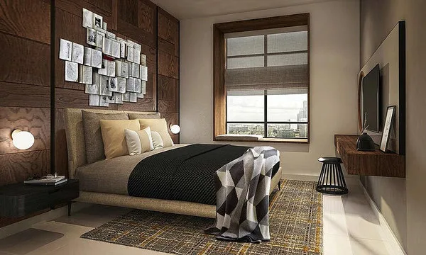 Gem Residences This image shows a bedroom interior with a bed, bedside table, wall-mounted TV, and a window with a view of the city., Freehold property development, render