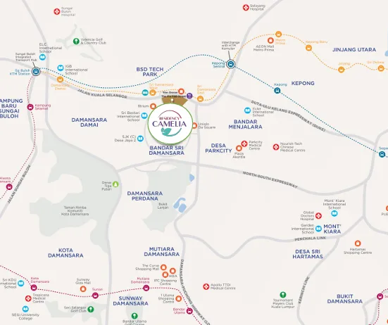Kamelia - Bandar Sri Damansara This image shows a location map of Kamelia in Bandar Sri Damansara, highlighting nearby amenities, schools, and transportation hubs. in Bandar Sri Damansara, Freehold property development, location-map