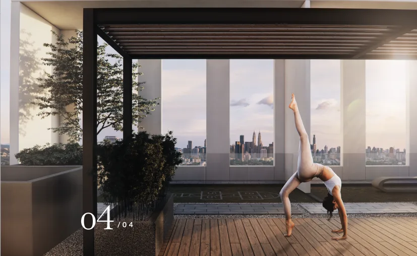 Kensho Residence A woman doing yoga on a rooftop terrace with a city view., Leasehold property development, render