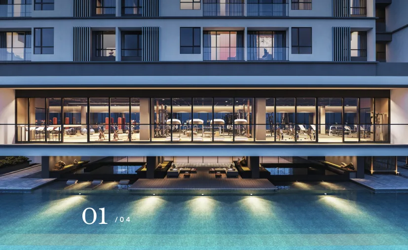Kensho Residence Image shows a swimming pool in front of a building with a gym on the second floor., Leasehold property development, render