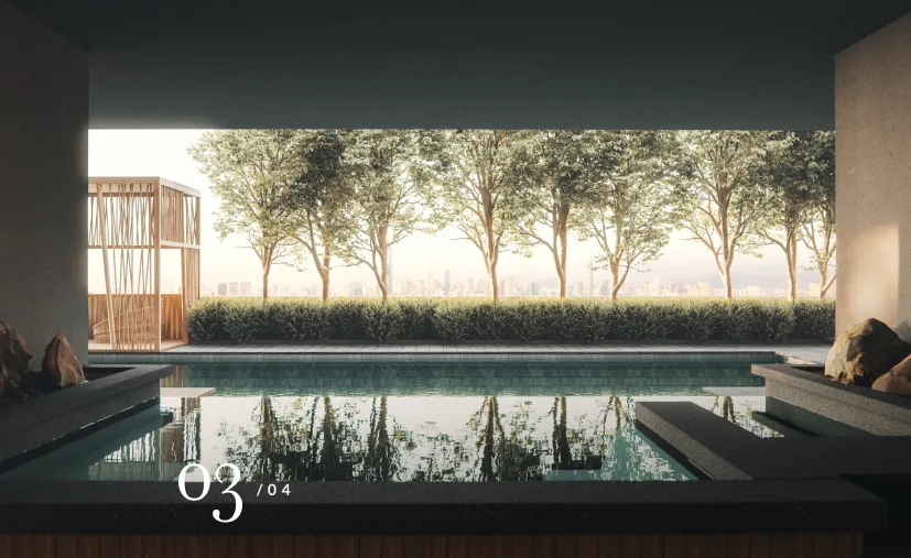 Kensho Residence Image shows the swimming pool with trees in the background, Leasehold property development, render