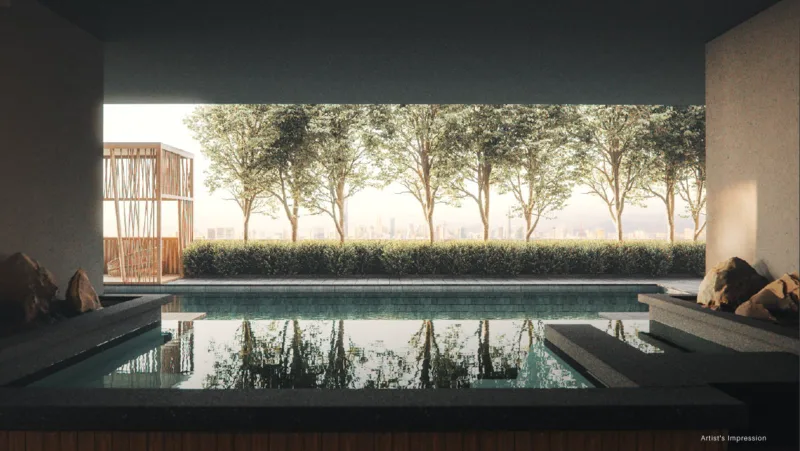 Kensho Residence Image shows a swimming pool with a view of trees and the city skyline., Leasehold property development, render