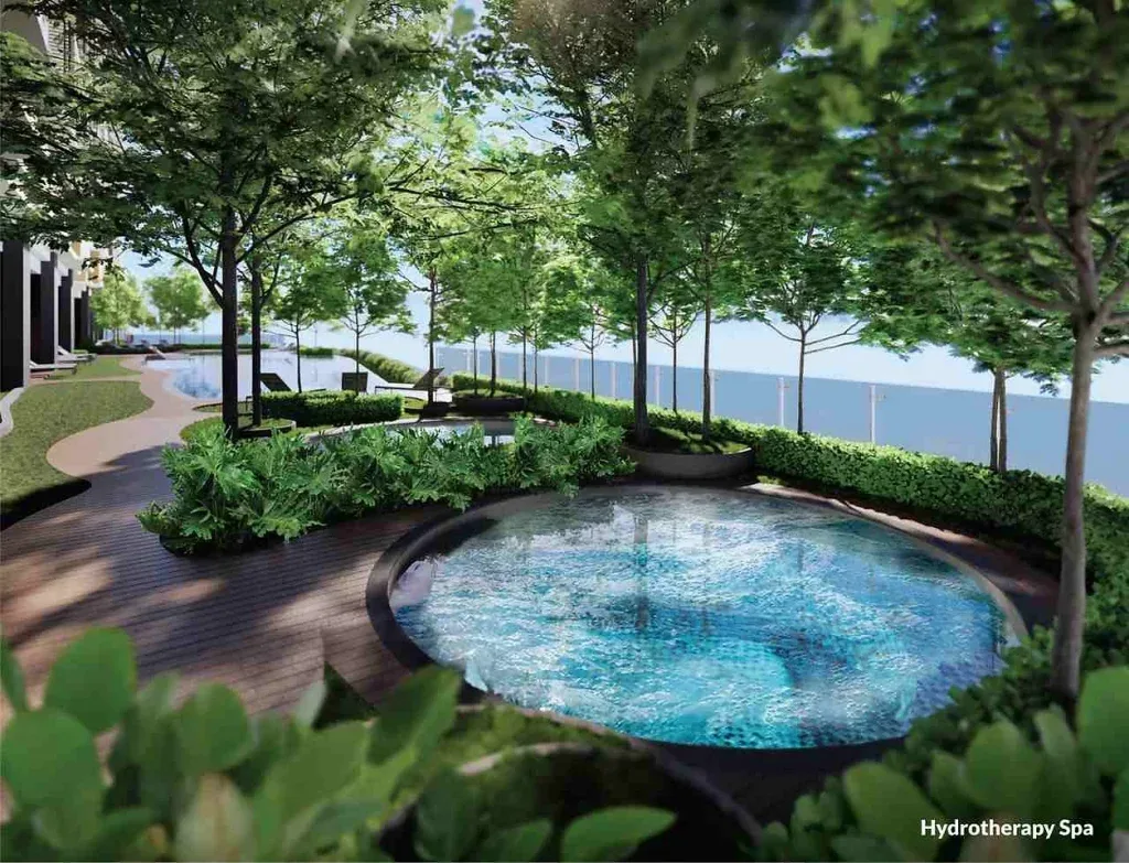 Laurel Residence Image shows the hydrotherapy spa with surrounding greenery and trees., Leasehold property development, render