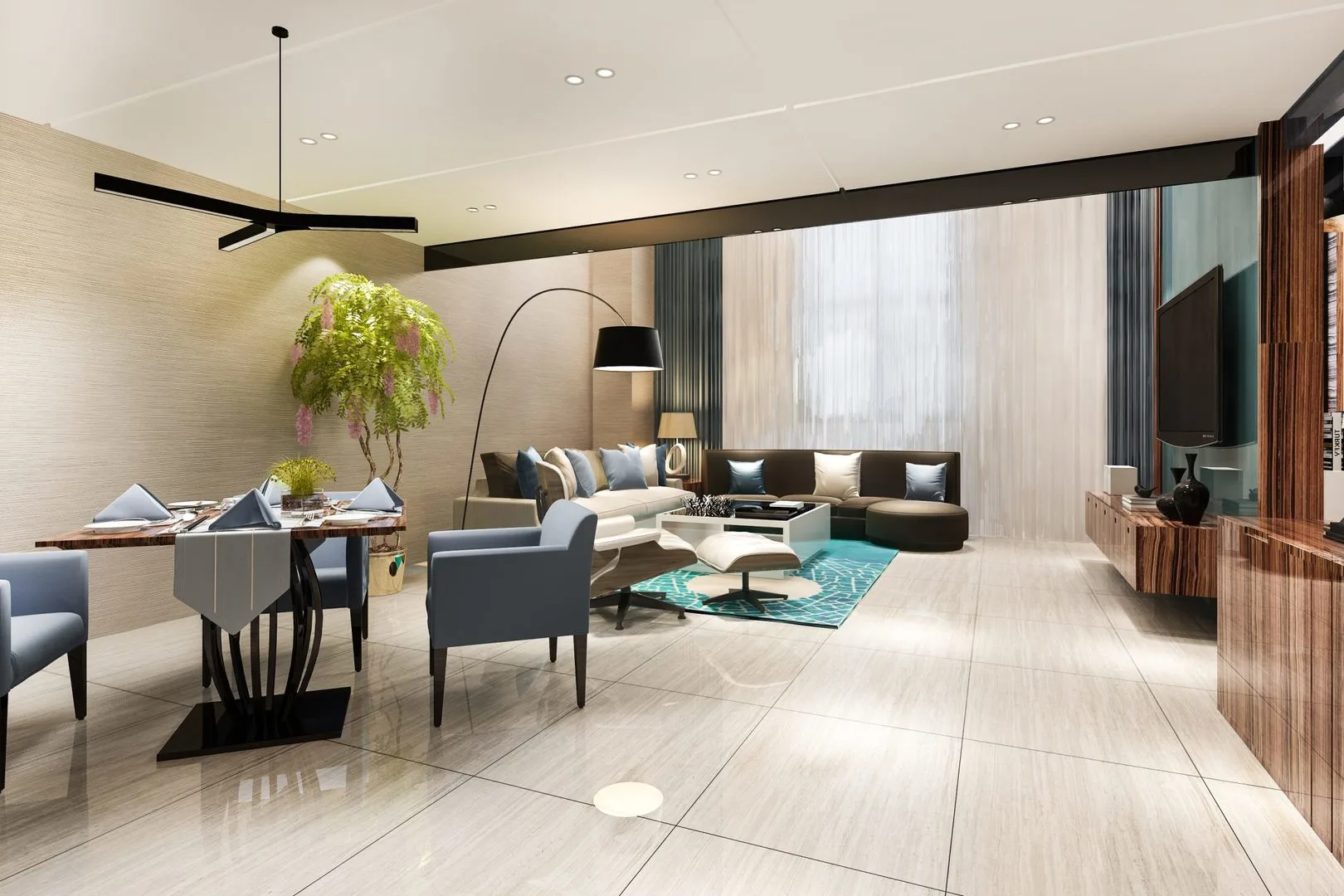 Livista Bandar Sri Damansara This image shows the interior of a living and dining area, featuring modern furniture, a dining table set for four, a sofa, and a television. in Bandar Sri Damansara, Freehold property development, render