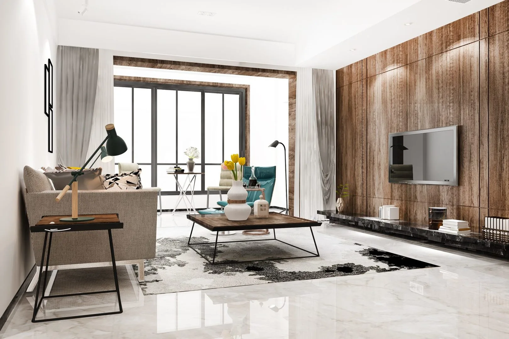 Livista Bandar Sri Damansara This image showcases a living room interior with a sofa, coffee table, and a wooden feature wall with a TV. in Bandar Sri Damansara, Freehold property development, render