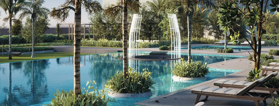Subang Freehold Township Project Image shows a swimming pool with lounge chairs and landscaping. in Subang Jaya, Freehold property development, render