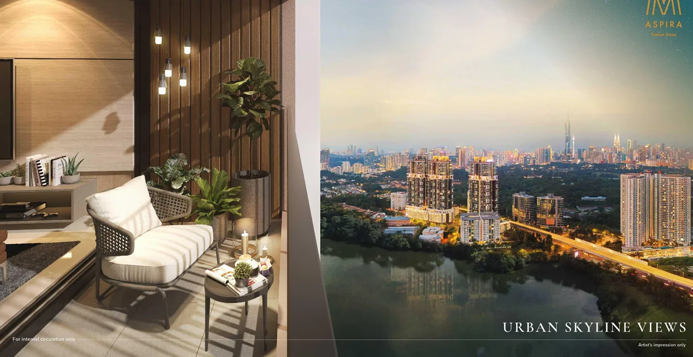 M Aspira @ Taman Desa Balcony with furniture and urban skyline view in Taman Desa, Leasehold property development, render
