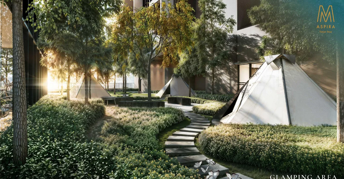 M Aspira @ Taman Desa Image shows the glamping area with tents and landscaping. in Taman Desa, Leasehold property development, render