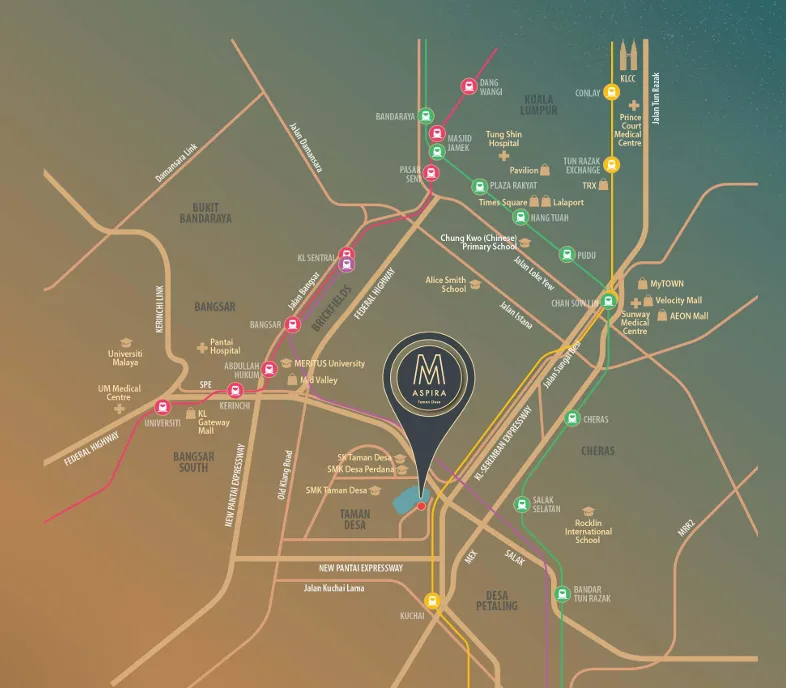 M Aspira @ Taman Desa Location map of M Aspira @ Taman Desa showing nearby amenities and transportation links. in Taman Desa, Leasehold property development, location-map