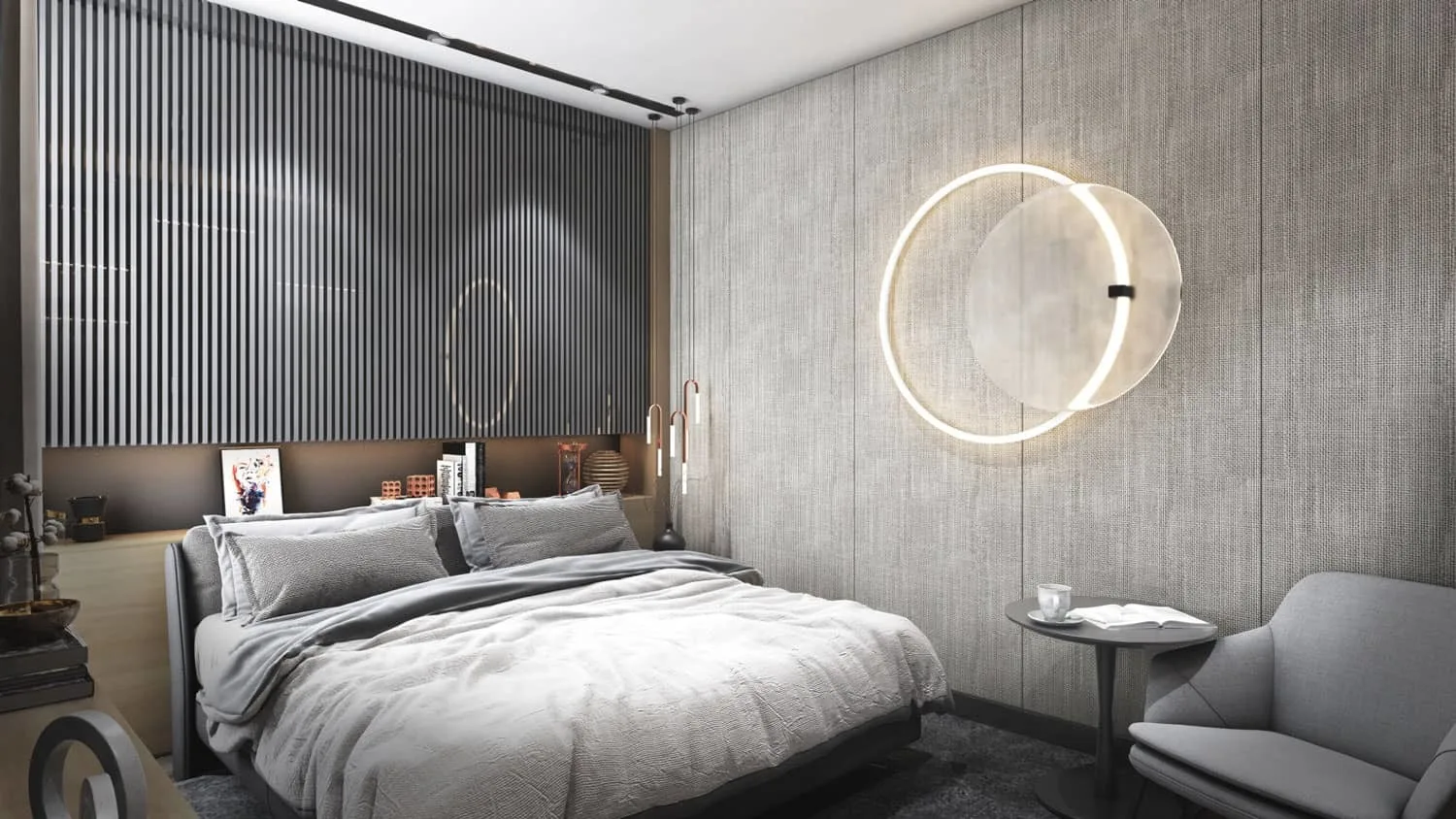 Mahogany Residences This image shows a bedroom interior with a bed, bedside table, and chair. in Kota Damansara, Leasehold property development, render