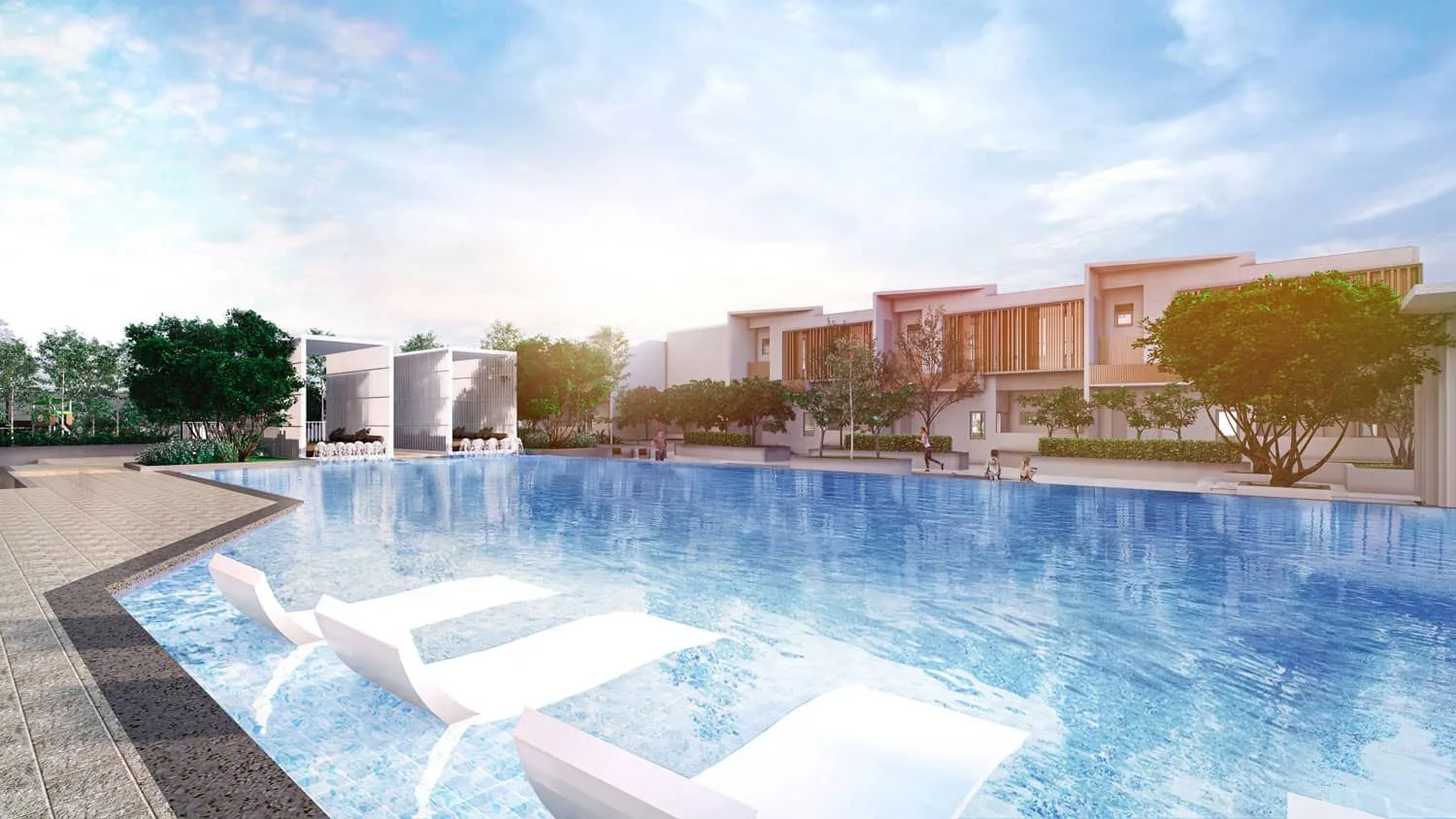 Mahogany Residences The image shows a swimming pool with lounge chairs in the foreground and the building exterior in the background. in Kota Damansara, Leasehold property development, render