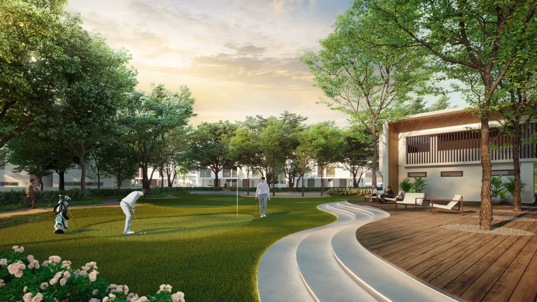 Monarc Image shows a putting green with people playing golf and a nearby building with outdoor seating. in Rawang, Leasehold property development, render