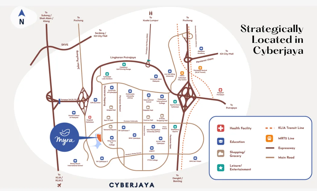 Myra Cove This is a location map of Myra Cove in Cyberjaya, highlighting its strategic location and nearby amenities like health facilities, education, shopping, and entertainment. in Cyberjaya, Freehold property development, location-map