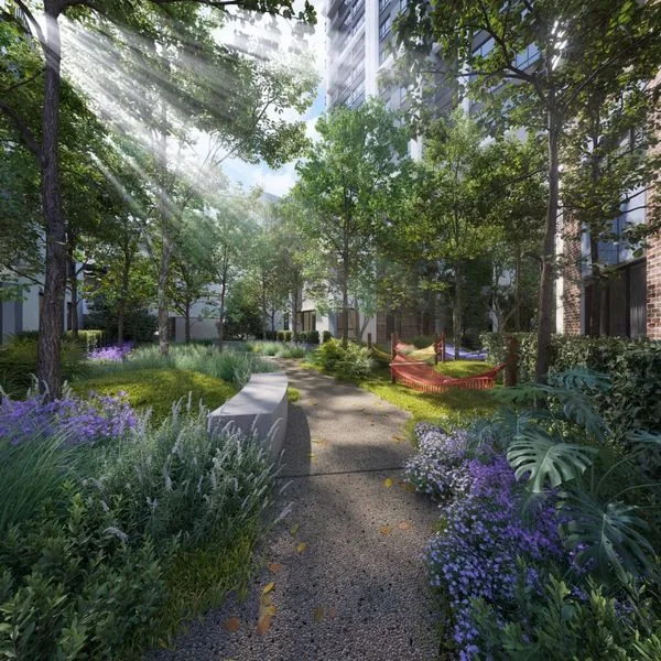 Est 8 @ Seputeh Image shows a landscaped garden area with a pathway, benches, and greenery, with the building in the background. in Seputeh, Leasehold property development, render
