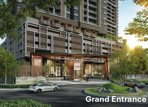 Oaka Residence @ Bukit Jalil Image shows the grand entrance of Oaka Residence with cars and landscaping. in Kuala Lumpur, Freehold property development, render