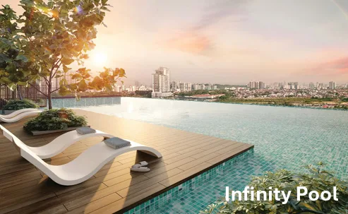 Oaka Residence @ Bukit Jalil The image shows the infinity pool with lounge chairs and a city view in the background. in Kuala Lumpur, Freehold property development, render