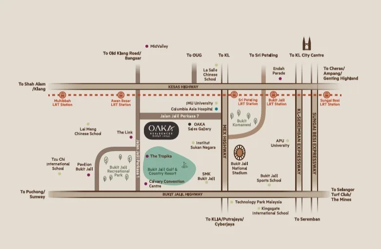 Oaka Residence @ Bukit Jalil This image shows a location map of Oaka Residence in Bukit Jalil, Kuala Lumpur, highlighting nearby landmarks, schools, highways, and LRT stations. in Kuala Lumpur, Freehold property development, location-map