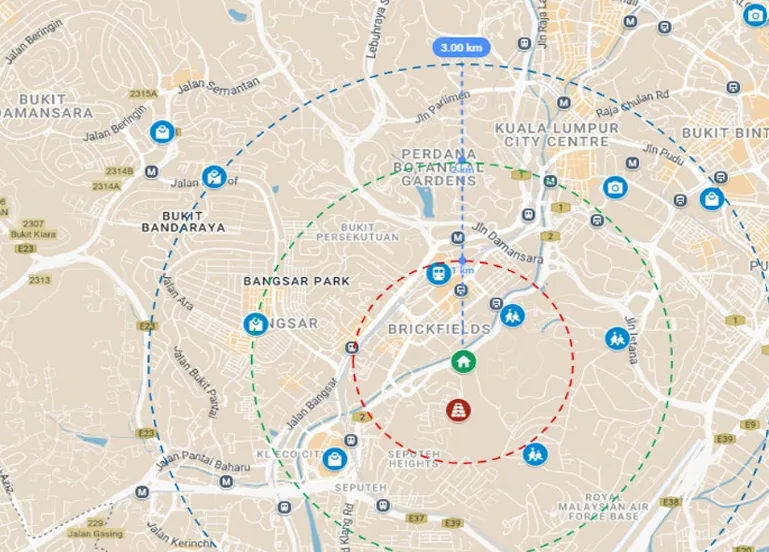 One Seputeh @ Seputeh This is a location map showing the surrounding areas of Seputeh, with concentric circles indicating distances from the property. in Seputeh, Freehold property development, location-map
