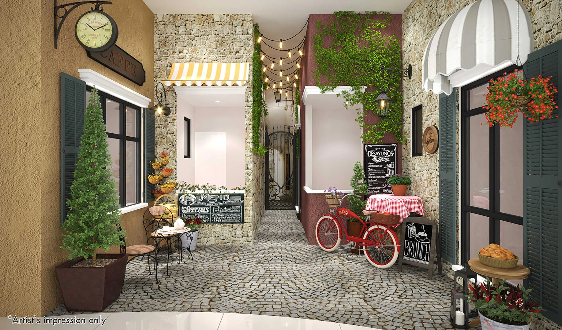 Palazzo @ Ipoh Garden East Artist's impression of a European-style street scene with shops, cobblestone pavement, and decorative elements. in Ipoh, Leasehold property development, render