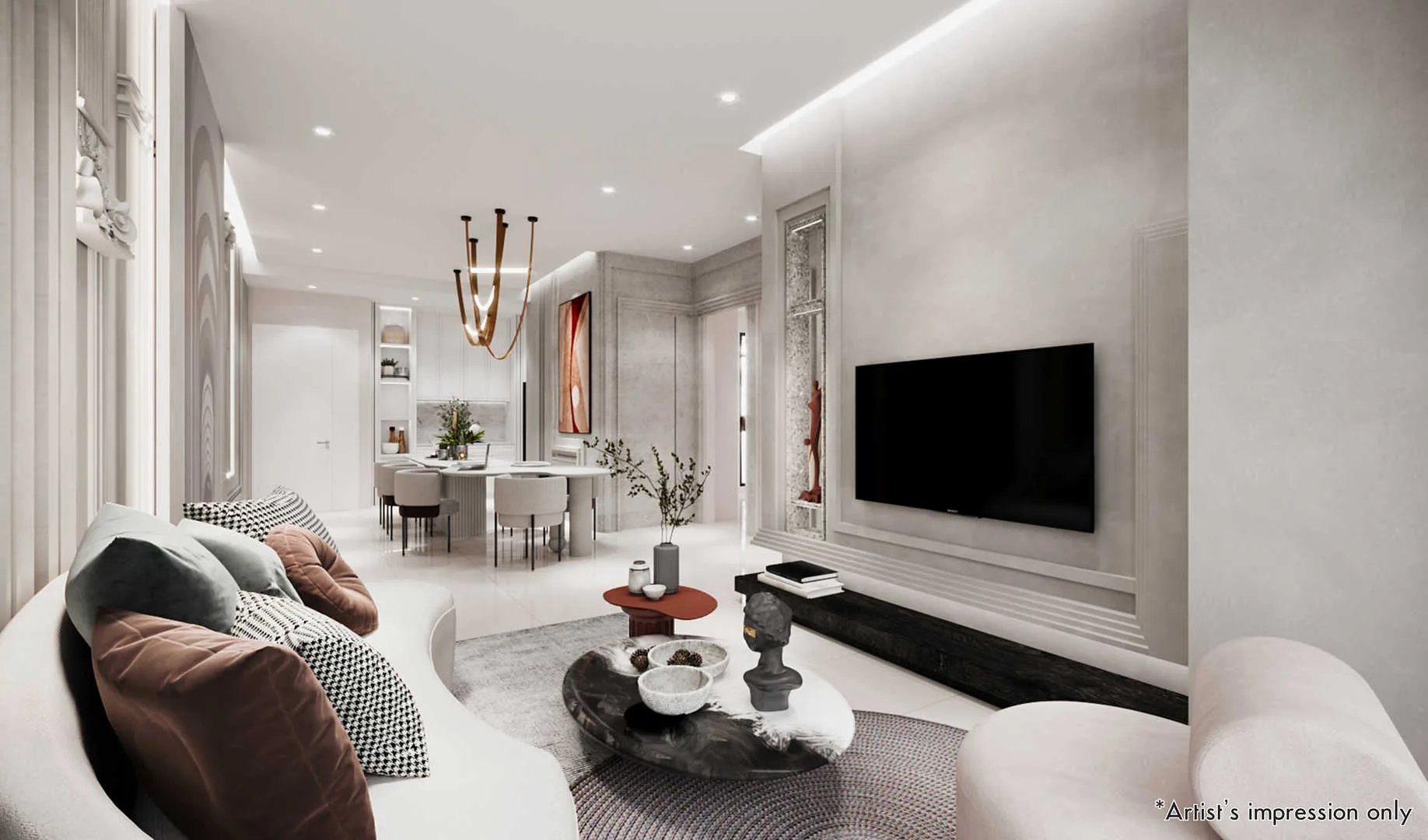 Palazzo @ Ipoh Garden East This image shows the interior of a unit, specifically the living room and dining area. The living room features a curved sofa, a coffee table, and a TV mounted on the wall. The dining area has a table with chairs and a built-in shelf. in Ipoh, Leasehold property development, render