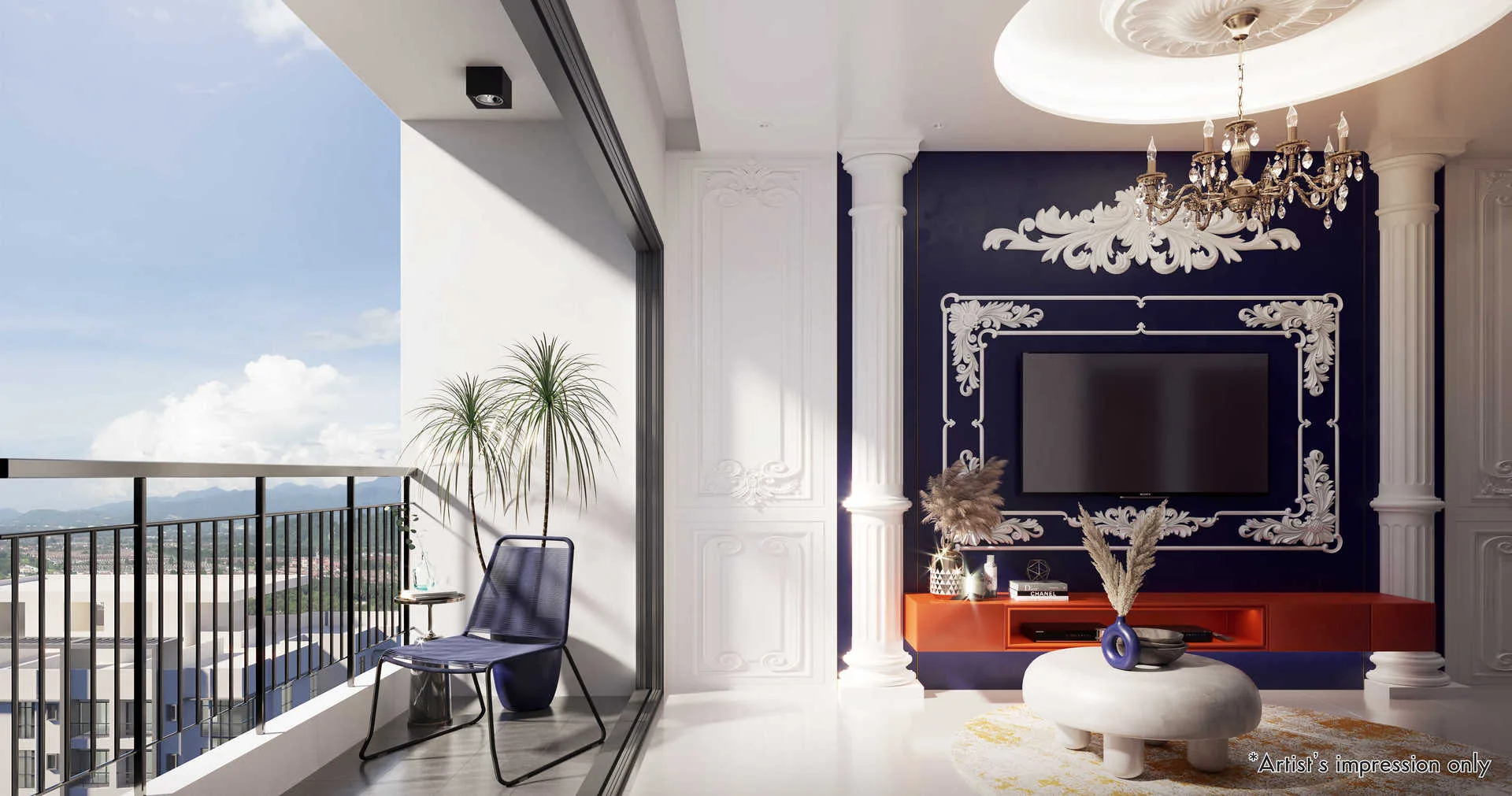 Palazzo @ Ipoh Garden East Living room interior with balcony view in Ipoh, Leasehold property development, render
