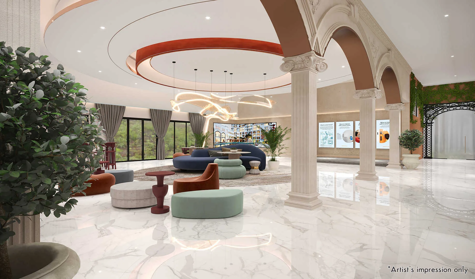 Palazzo @ Ipoh Garden East Image shows the interior of the Palazzo's lobby with seating area and decorative pillars. in Ipoh, Leasehold property development, render