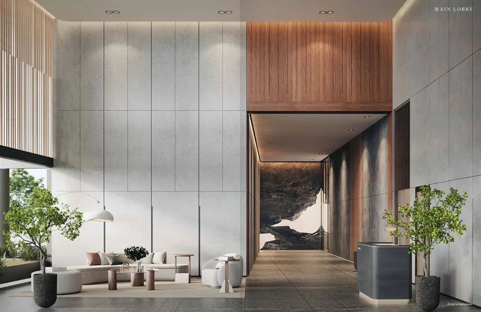 Parkside Residence This image shows the interior of the main lobby with seating area and hallway. in Kuala Lumpur, Leasehold property development, render