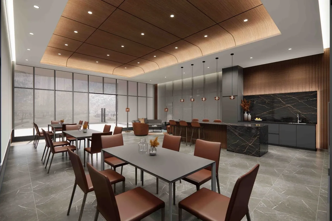 REN Residence Image shows a dining area with tables and chairs, a kitchen counter with bar stools, and a lounge area in the background. in Bukit Jalil, Leasehold property development, render