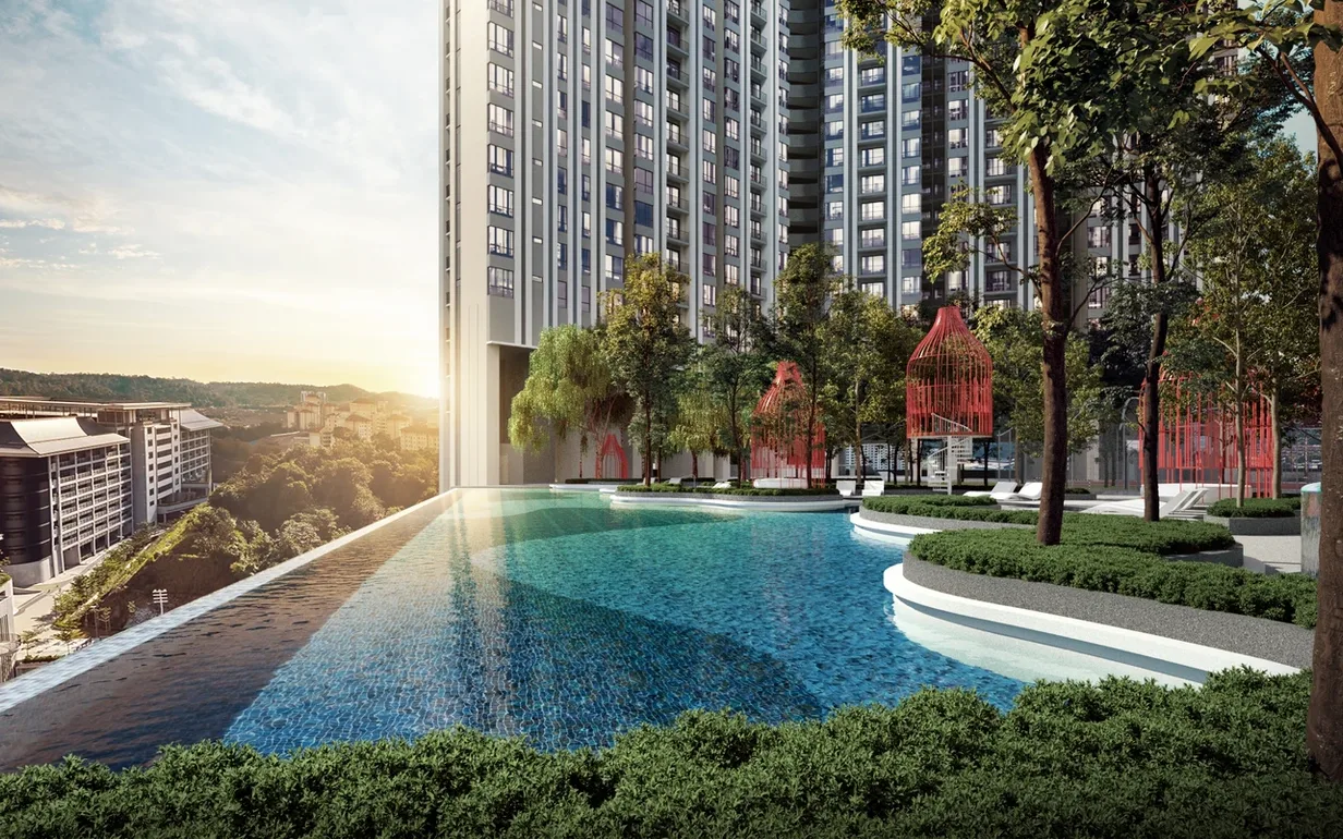 REN Residence Image shows the infinity pool with the building in the background. in Bukit Jalil, Leasehold property development, render
