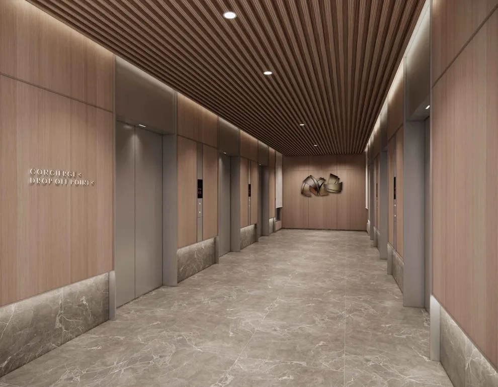REN Residence The image shows the lift lobby area with multiple elevators and a modern design. in Bukit Jalil, Leasehold property development, render
