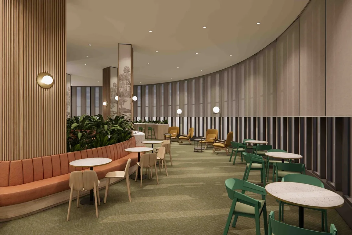 REN Residence The image shows a lounge area with tables, chairs, and a built-in sofa. There are also plants and decorative pillars. in Bukit Jalil, Leasehold property development, render