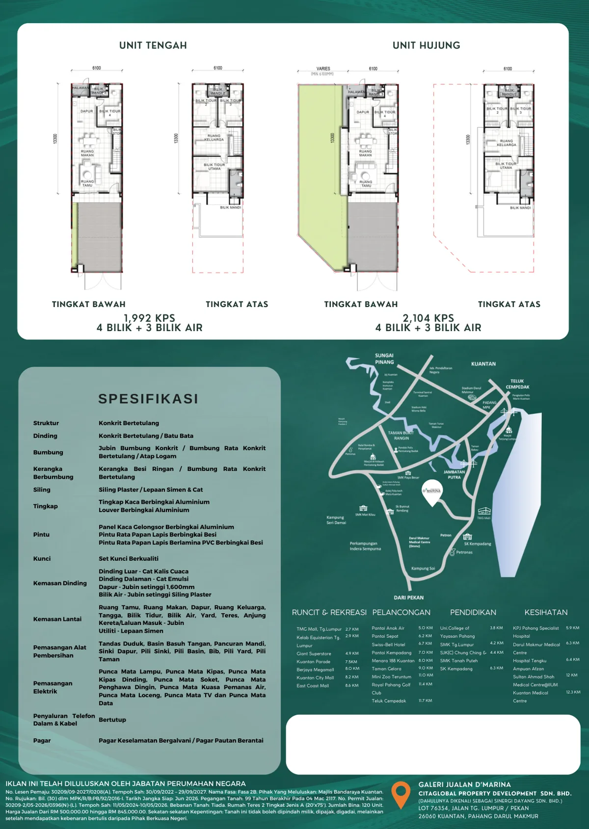 Residensi D'Marina Bayu Fasa 2B floor plans (1,992-2,104 sqft, 4BR/3BA) and Kuantan location map