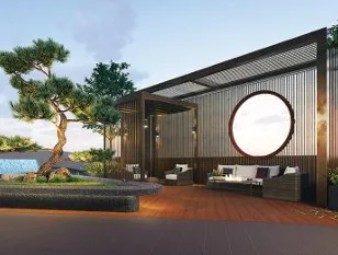 Riverville 2 Residence Outdoor lounge area with seating, landscaping, and a decorative circular window feature. in Jalan Klang Lama (Old Klang Road), Freehold property development, render