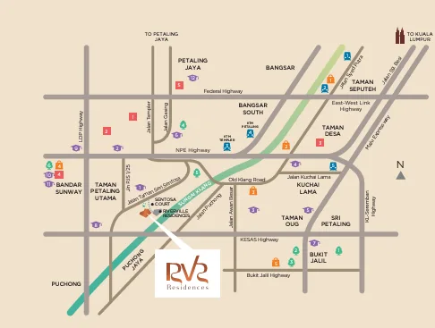 Riverville 2 Residence This is a location map showing the location of Riverville 2 Residences in relation to surrounding areas like Petaling Jaya, Bangsar, Kuchai Lama, and Bukit Jalil. It highlights major roads and landmarks. in Jalan Klang Lama (Old Klang Road), Freehold property development, location-map