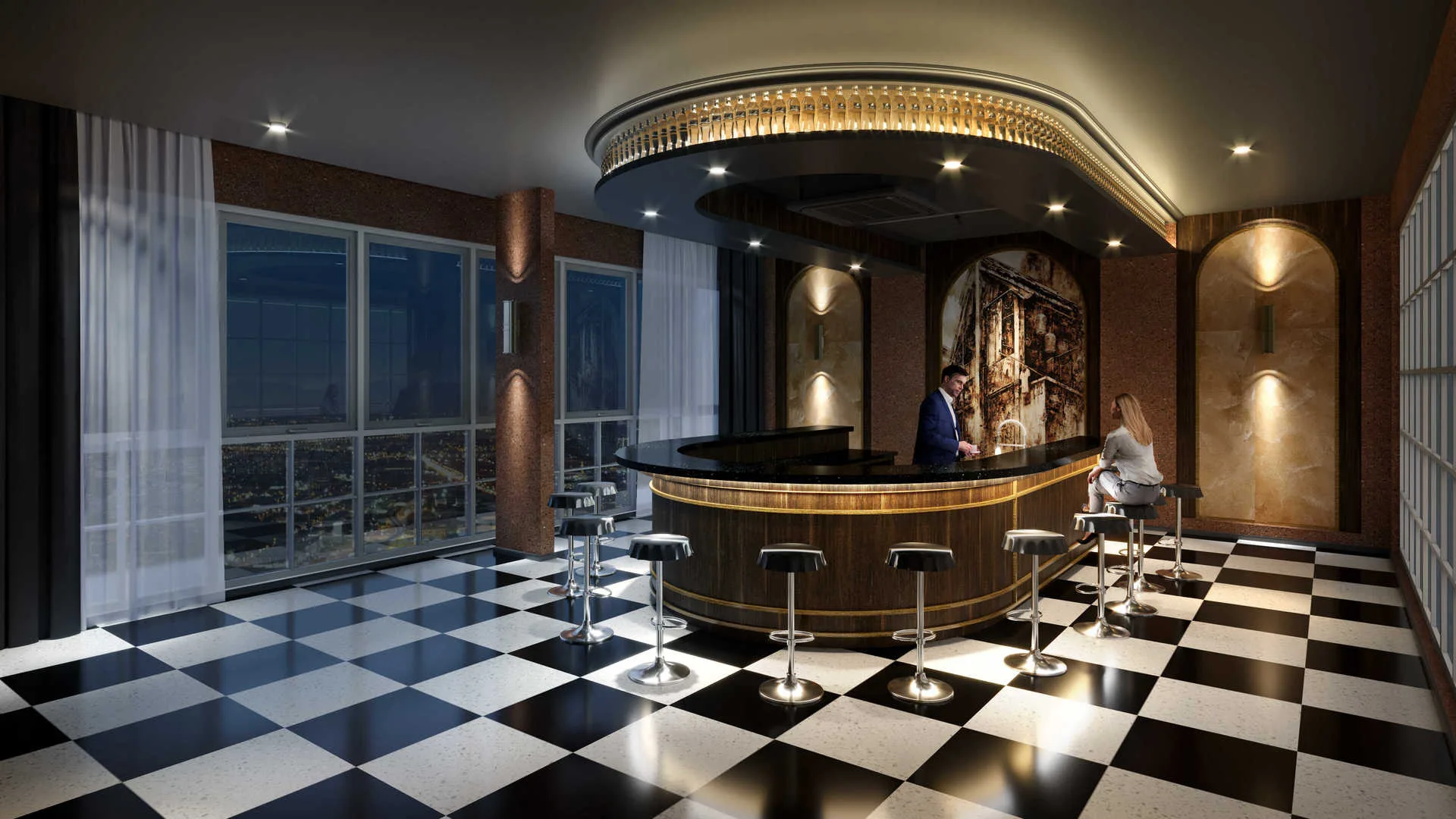 Stallionz This is a render of the bar area, showing the counter, stools, and checkered floor. in Ipoh, Leasehold property development, render