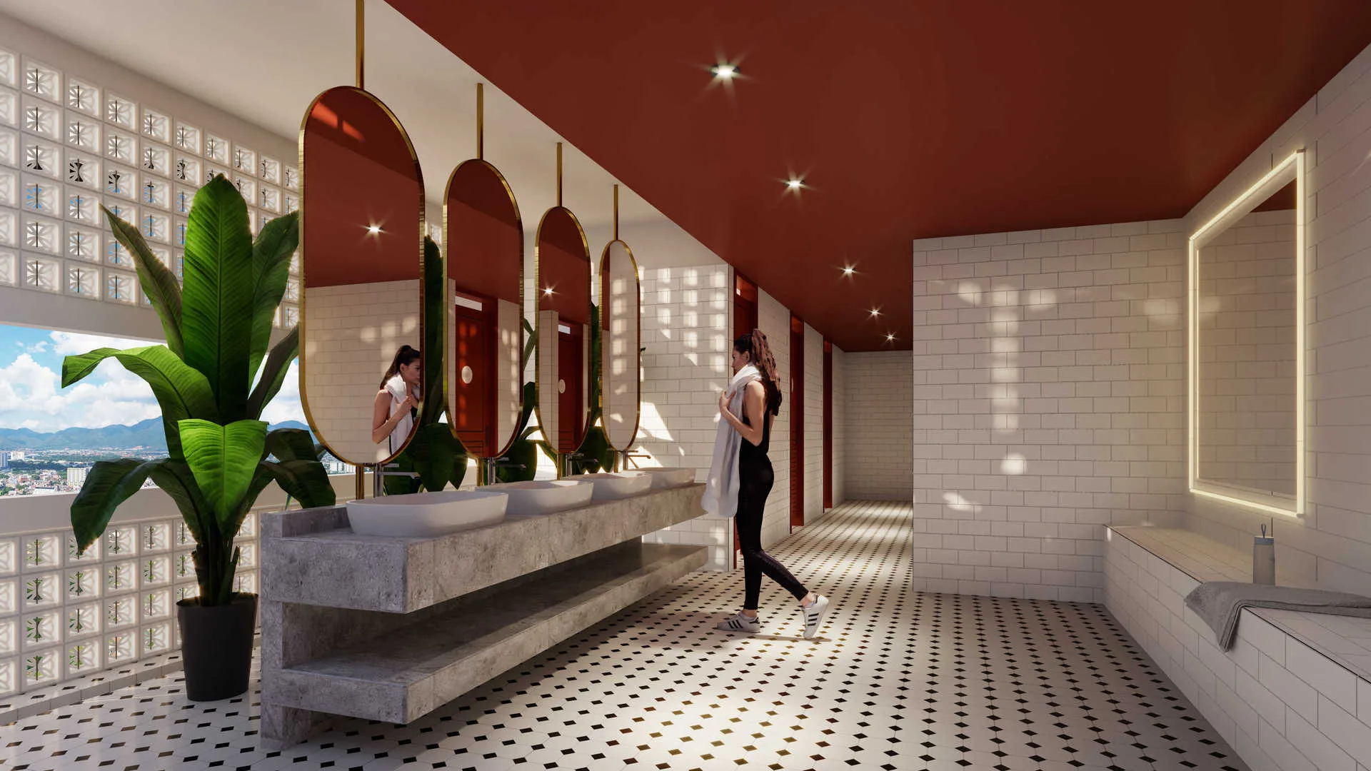 Stallionz The image shows a bathroom facility with multiple sinks, mirrors, and a woman walking through the space. in Ipoh, Leasehold property development, render