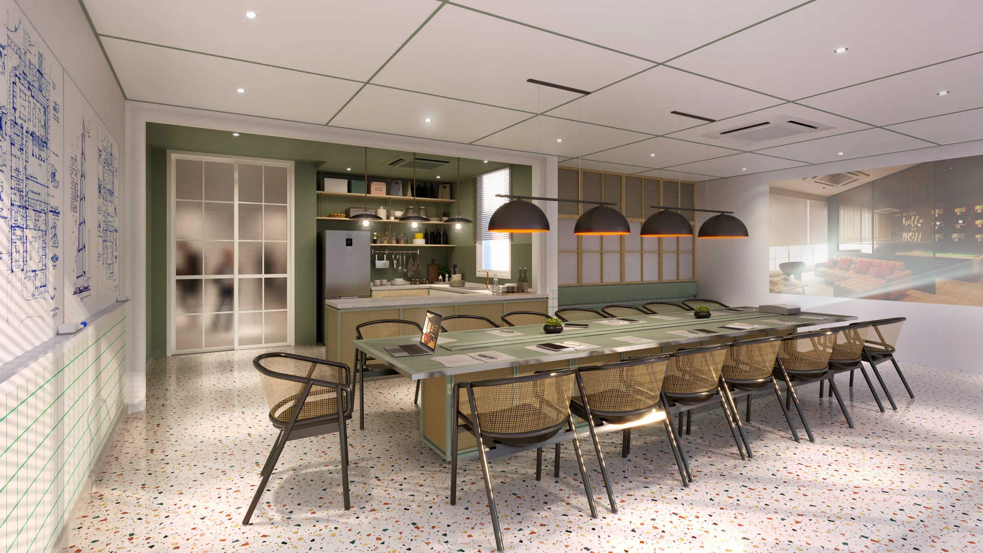 Stallionz Image shows a co-working space with tables, chairs, and a view from the windows. in Ipoh, Leasehold property development, render