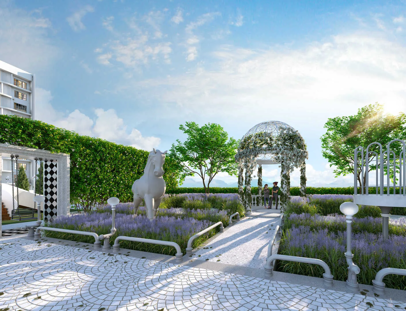 Stallionz Image shows a garden with a horse statue and a gazebo. in Ipoh, Leasehold property development, render