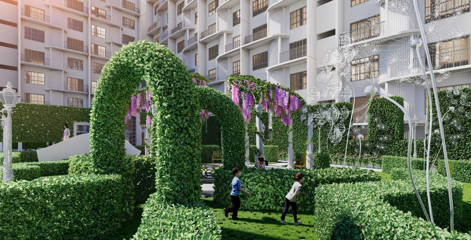 Stallionz The image shows a garden area with topiary arches and children playing, with the building exterior in the background. in Ipoh, Leasehold property development, render