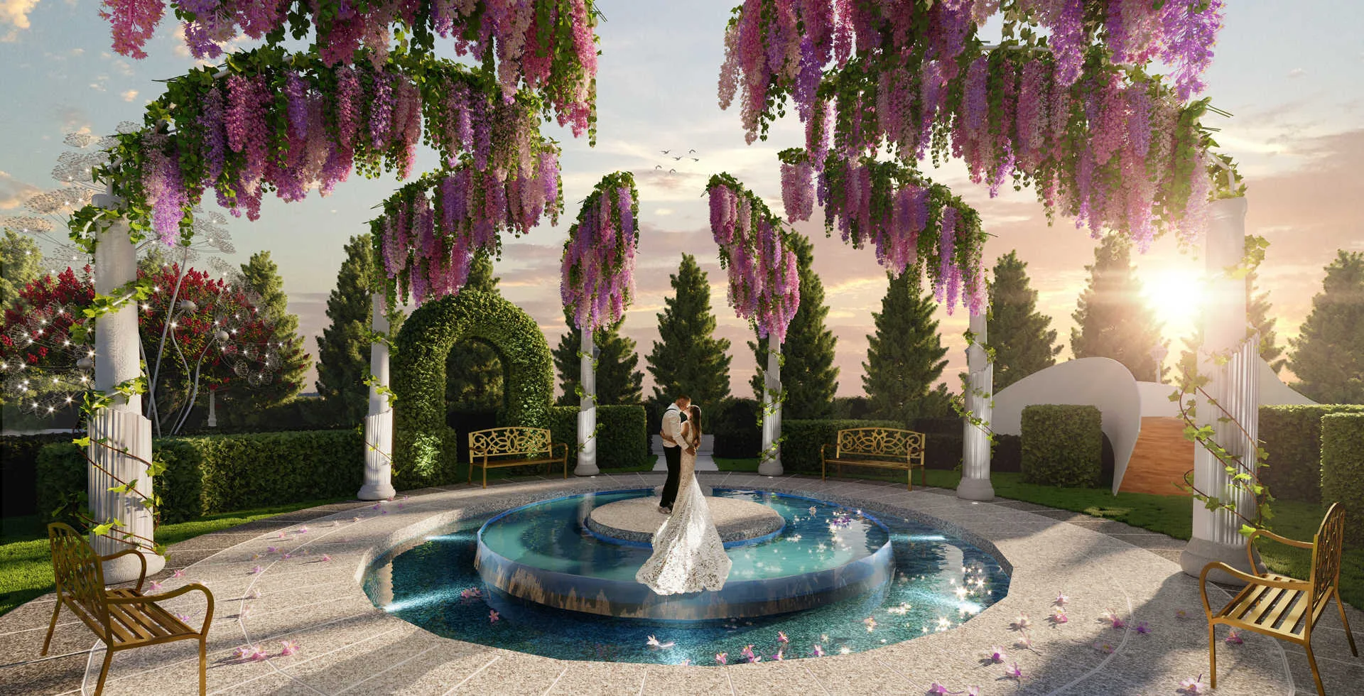 Stallionz This image shows a render of a garden with a water feature, benches, and floral arches, with a couple standing in the center. in Ipoh, Leasehold property development, render
