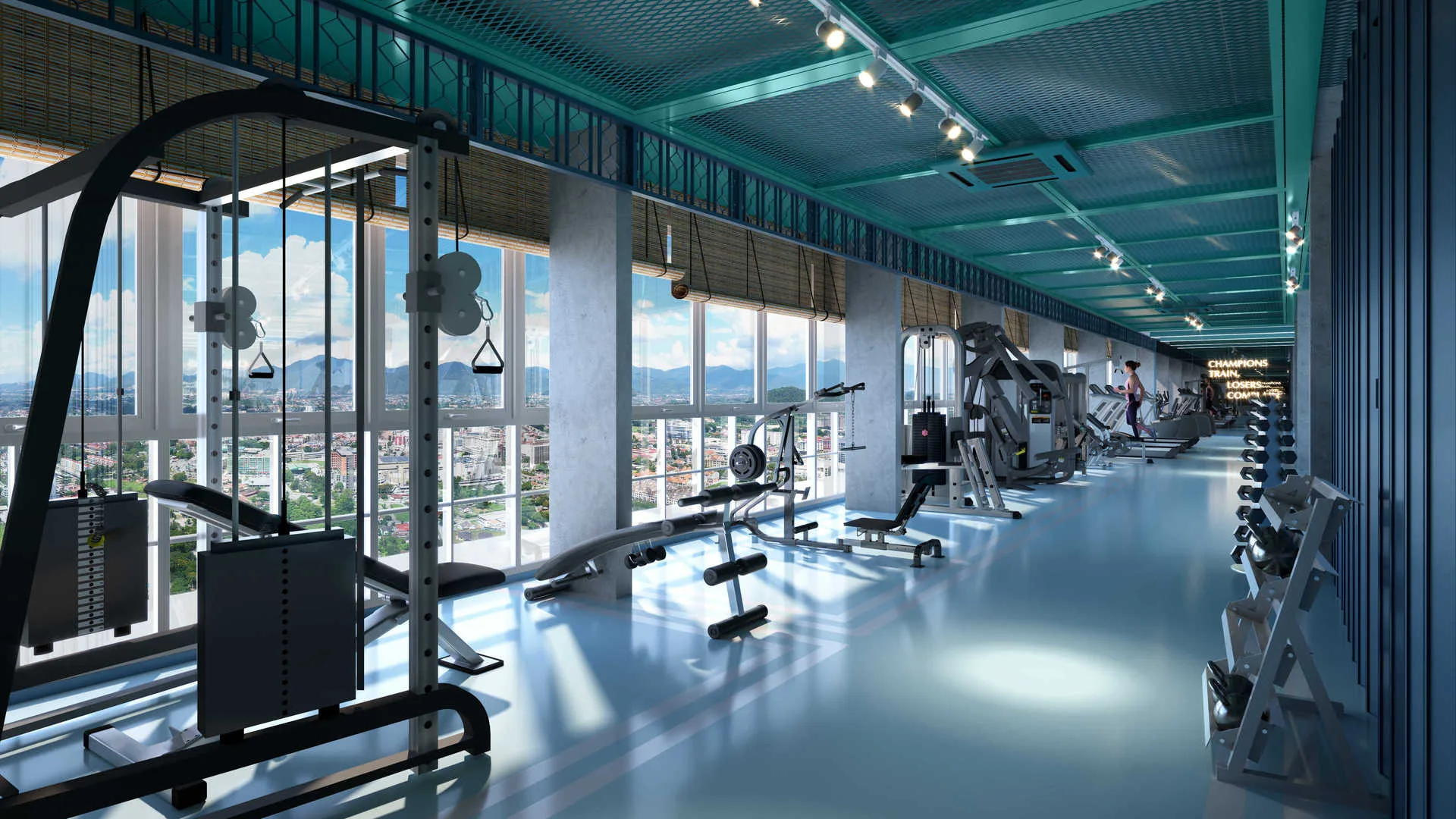 Stallionz This image shows the gym facility with various exercise machines and weights, with a city view through large windows. in Ipoh, Leasehold property development, render